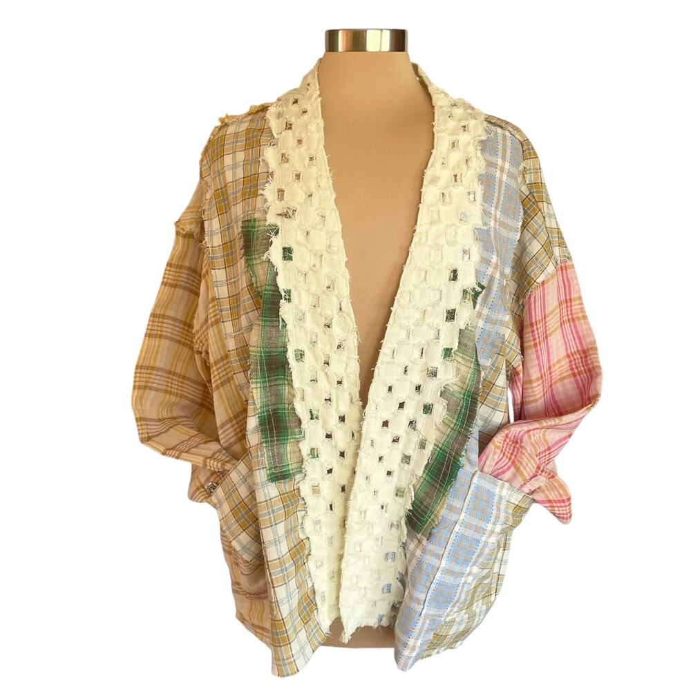 Pol Patchwork Multicolor Plaid Open Front Shacket… - image 2